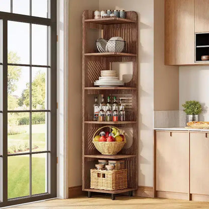Étagère d'angle Lantine à 6 niveaux, bibliothèque haute rustique de 180 cm pour salon, chambre, bureau