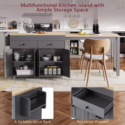 Isola da Cucina da 189 cm con Tavolo da Pranzo Estensibile, Carrello con 4 Armadietti, 2 Cassetti, Porta Spezie, Ripiani Regolabili