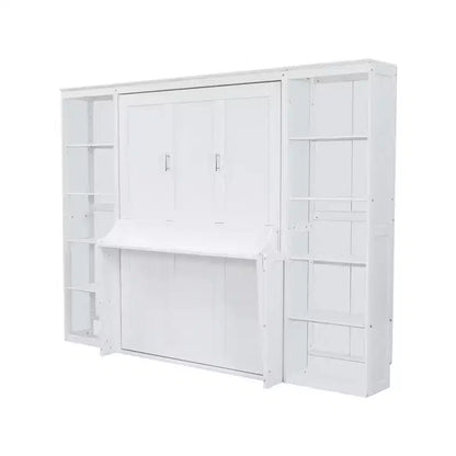 Letto a scomparsa matrimoniale/Queen in legno con scrivania e ripiani, bianco - ModernLuxe