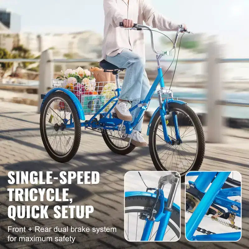 Tricycle pliable adulte VEVOR, tricycle pliant pour adultes de 26 pouces, vélo cruiser à 3 roues en acier au carbone avec grand panier et siège réglable