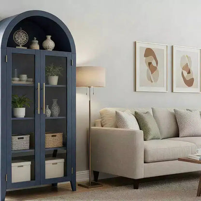 Haut meuble de rangement arqué avec portes vitrées, bibliothèque de présentation à 5 niveaux avec étagères réglables pour cuisine ou salon