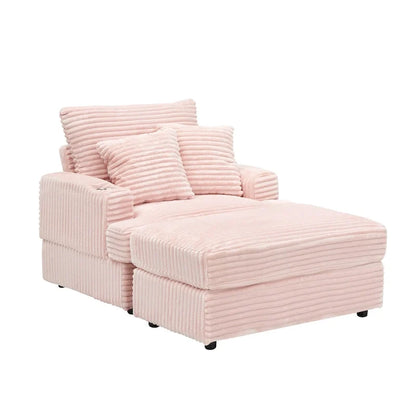 Divano Poltrona Singola in Velluto a Coste Rosa 39.37 con Pouf e Portabicchieri