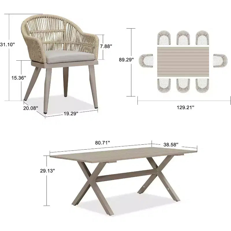 Set da pranzo da patio PURPLE LEAF con tavolo da pranzo da esterno in alluminio e sedie in rattan intrecciato, set di mobili moderni per giardino, cortile, arredamento da interni, colore champagne