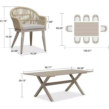 Set da pranzo da patio PURPLE LEAF con tavolo da pranzo da esterno in alluminio e sedie in rattan intrecciato, set di mobili moderni per giardino, cortile, arredamento da interni, colore champagne