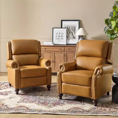 Ensemble de 2 fauteuils inclinables modernes en cuir véritable Elisabete avec garniture cloutée vintage pour salon et chambre à coucher | ART OF LIVING DESIGNS