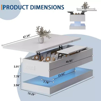 Table basse relevable avec éclairage LED, finition brillante, rangement contrôlé par application, réglable et convertible, table à manger moderne pour salon