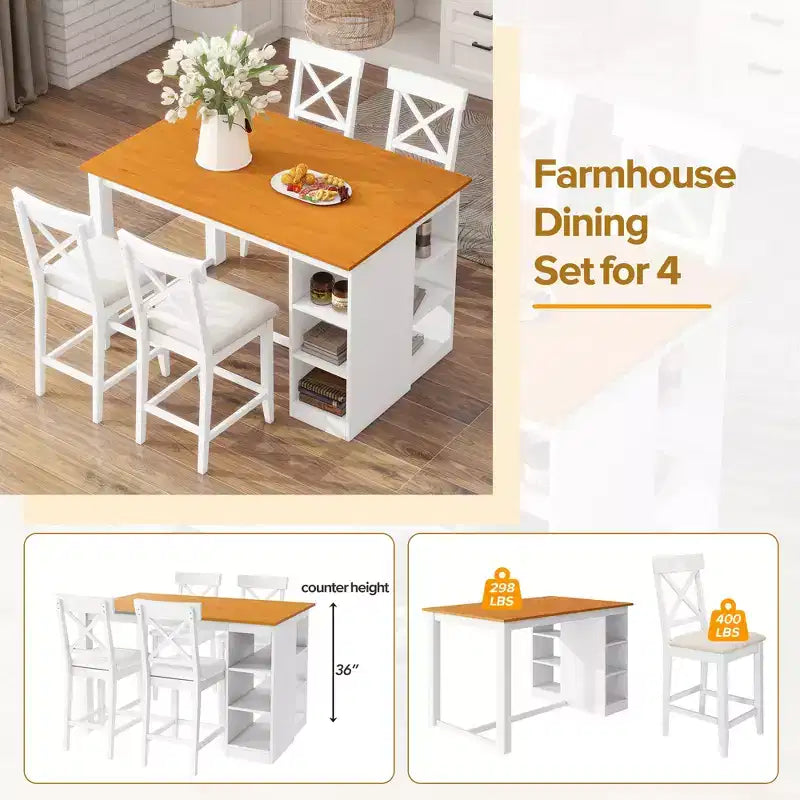 Set da pranzo a 5 pezzi in stile rustico ad altezza bancone per 4 persone, set da tavolo da bar in legno con ripiani e 4 sedie imbottite