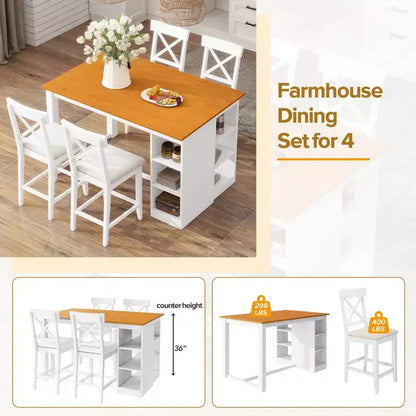 Set da pranzo a 5 pezzi in stile rustico ad altezza bancone per 4 persone, set da tavolo da bar in legno con ripiani e 4 sedie imbottite