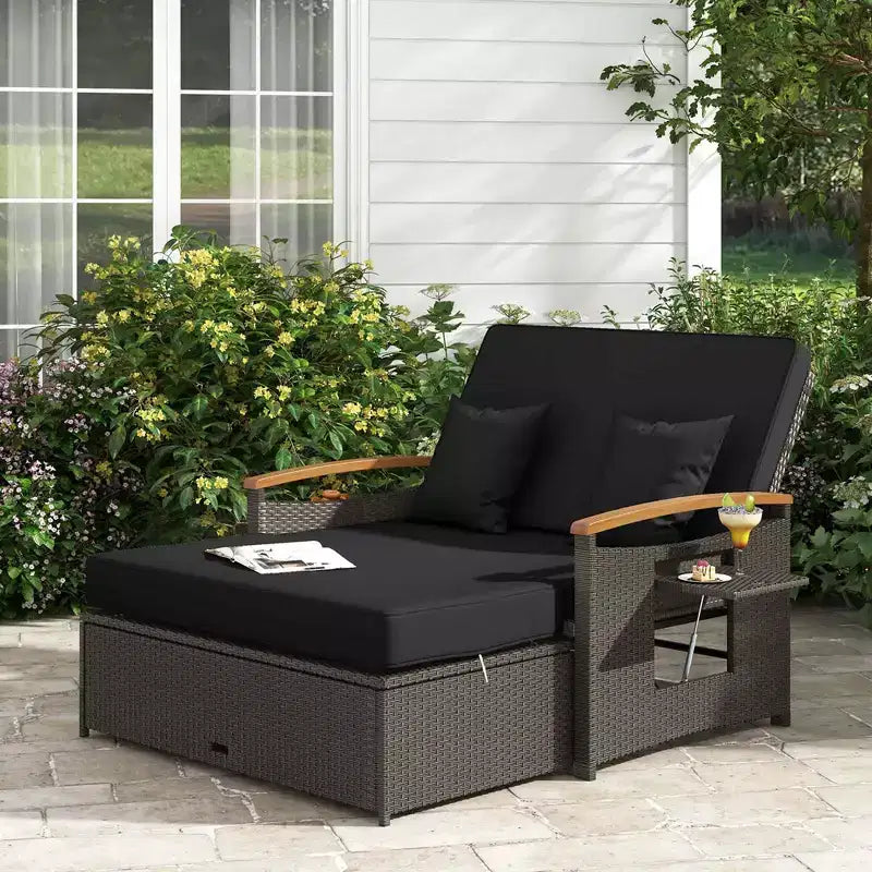 Set divano letto in rattan per esterni Costway con divanetto imbottito e poggiapiedi contenitore per veranda Beige/Blu marino/Rosso/Turchese/Nero/Grigio