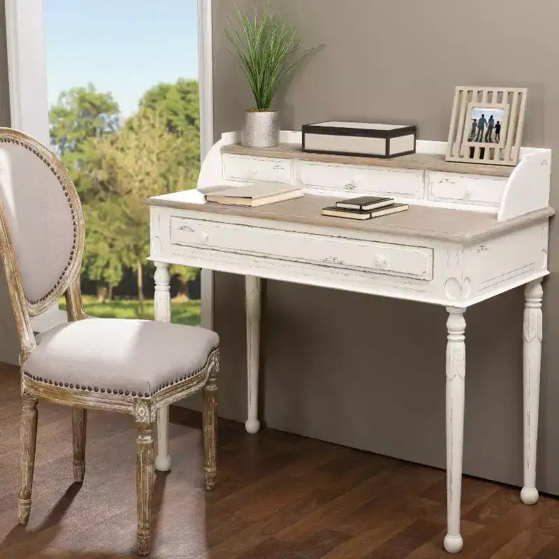 Bureau Anjou traditionnel français Blanc/Marron clair - Baxton Studio : 4 tiroirs, plateau en bois de mindi, mobilier de bureau à domicile