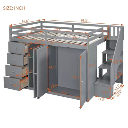 Letto a soppalco intero in pile orsetto con mensola portaoggetti e cassetti, letto a soppalco alto in legno con scrivania versatile per camera da letto