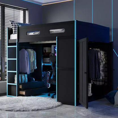 Merax Letto a soppalco a una piazza e mezza con scrivania, armadio, luci LED RGB e porta di ricarica USB Elegante struttura nera con spazio multi-contenitore per gli amanti dei giochi