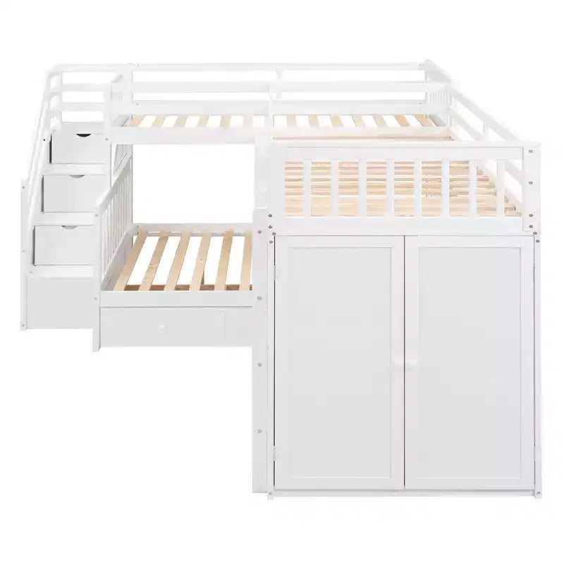 Lit superposé en L Whisen Modern Design (jumeau sur grand) avec 3 tiroirs, bureau portable et armoire