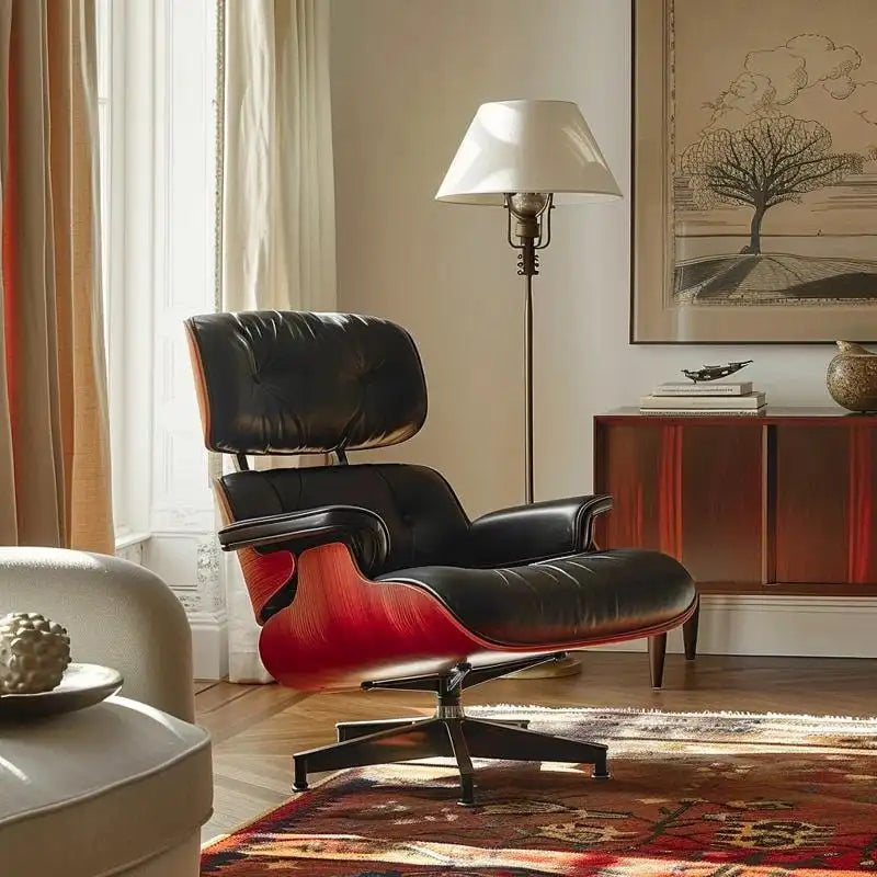 Chaise longue et pouf d'appoint en cuir pleine fleur de style Mid-century