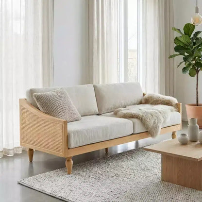Divanetto Divano Moderno di Metà Secolo con Morbida Imbottitura, Braccioli in Rattan e Gambe in Legno, Divano a 2 Posti per Soggiorno, Camera da Letto o Appartamento-Panipeachy
