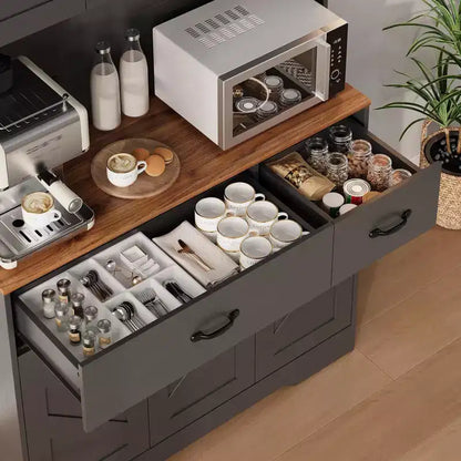 Mobile dispensa da cucina da 71" con stazione di ricarica, ampio piano di lavoro, supporto per microonde e 2 cassetti, mobile contenitore per sala da pranzo e soggiorno
