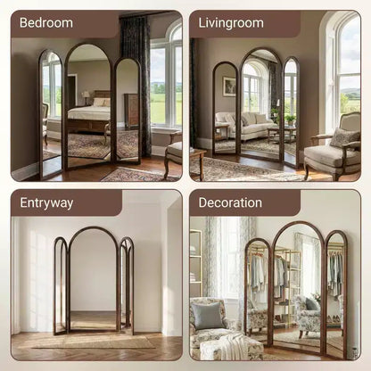 Specchio a tre ante Dovelina 71A*66.5L, specchio a figura intera ad arco reclinabile per soggiorno, sala da pranzo, ingresso, camera da letto, telaio in metallo/legno disponibile