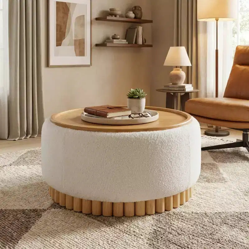 Pouf rotondo Polibi con base cilindrica in legno massello e coperchio reversibile
