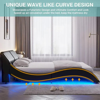 Letto a piattaforma moderno imbottito Queen con luci LED