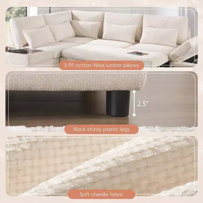 Canapé-lit modulaire sectionnel Whisen 270 - 6 places en forme de L avec pouf de rangement, canapé en chenille, personnalisable pour salon et appartement