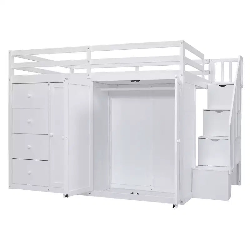 Letto a soppalco intero in pile orsetto con mensola portaoggetti e cassetti, letto a soppalco alto in legno con scrivania versatile per camera da letto