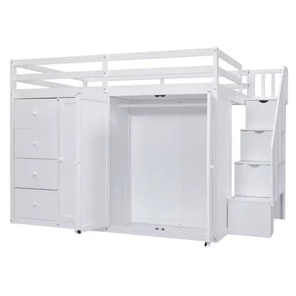 Letto a soppalco intero in pile orsetto con mensola portaoggetti e cassetti, letto a soppalco alto in legno con scrivania versatile per camera da letto