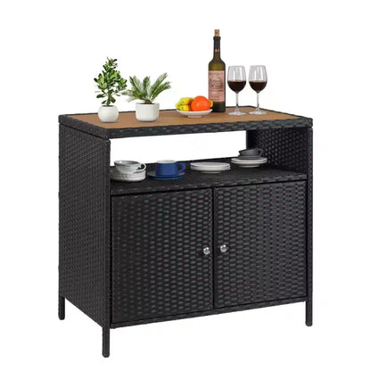 Armadietto portaoggetti da esterno con ante - Contenitore e Tavolo Bar da giardino in rattan resistente alle intemperie