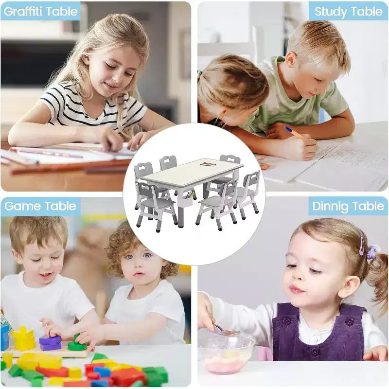 Table et 6 Chaises pour Enfants - Table d'Activités et de Repas à Hauteur Réglable pour Tout-Petits de 3 à 10 Ans, 136 kg