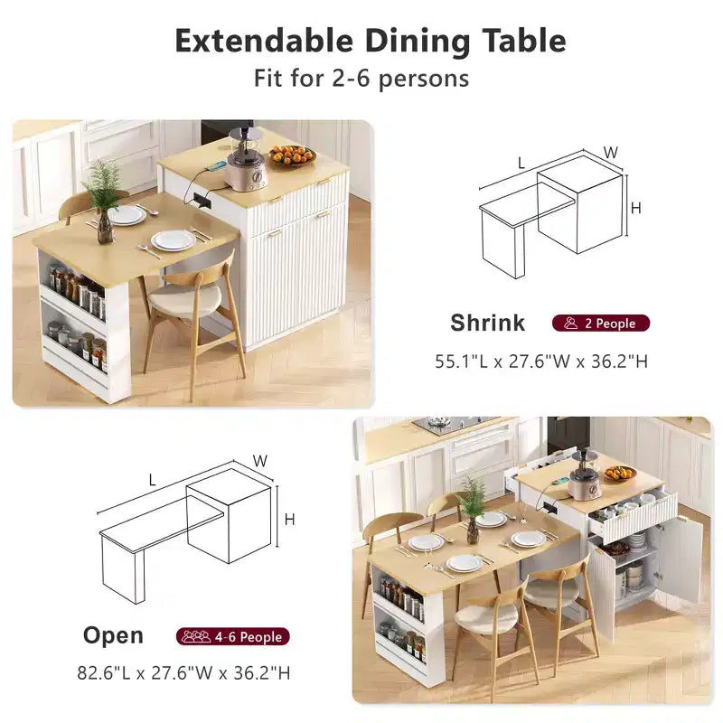 Îlot de cuisine cannelé avec table extensible, prise électrique et rangement double face