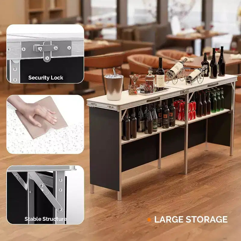 VINGLI Table de bar portable 78, 2 étagères, table de bar mobile pour événements, fêtes, camping, pique-niques, salons professionnels, intérieur avec jupe noire