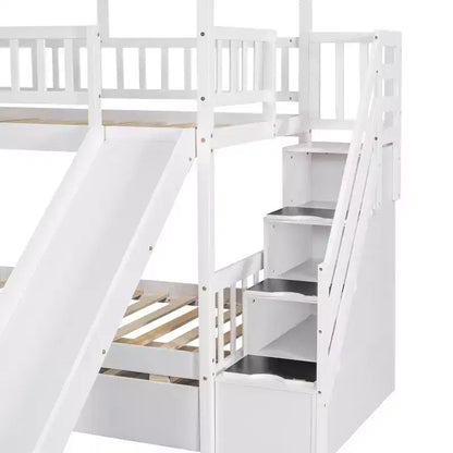 Letto a Castello Whisen Twin over Twin con Letto Estraibile e Scivolo, Scala Contenitore, Design Tetto e Finestra