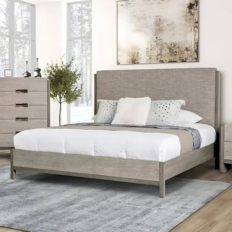 Set Camera da Letto Moderno 5 Pezzi con Pannelli in Legno Massello Grigio (Include Letto, Due Comodini, Toeletta e Specchio)