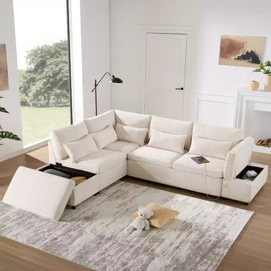 Canapé-lit modulaire sectionnel Whisen 270 - 6 places en forme de L avec pouf de rangement, canapé en chenille, personnalisable pour salon et appartement