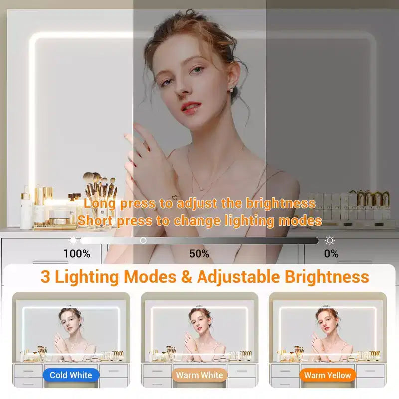 Toeletta Trucco con Specchio a LED a 3 Modalità e Prese di Ricarica, Grande Scrivania da Trucco con 7 Cassetti e Mobile Contenitore, Tavolo da Toeletta Moderno