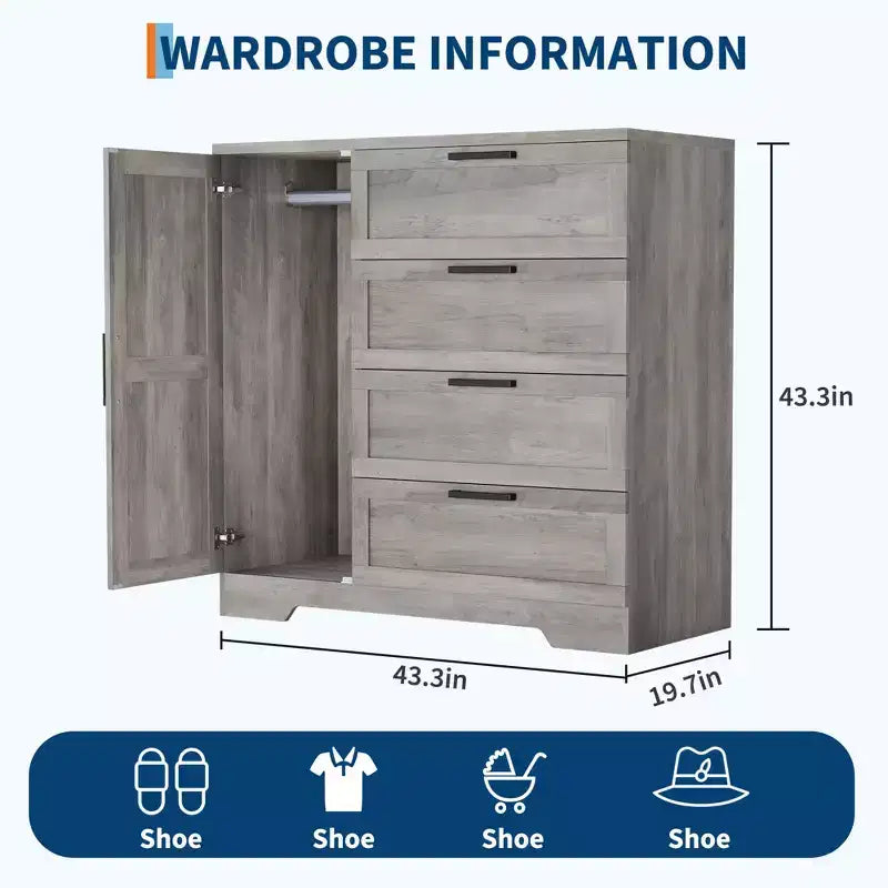 Armadio Guardaroba, 109,98 cm H, in Legno, con 4 Cassetti e Asta Appendiabiti, Rovere Naturale Grigio