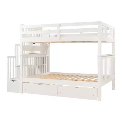 Letto a castello Full over Full con scaletta per bambini, struttura a castello matrimoniale con 6 cassetti e ringhiera per cameretta o dormitorio