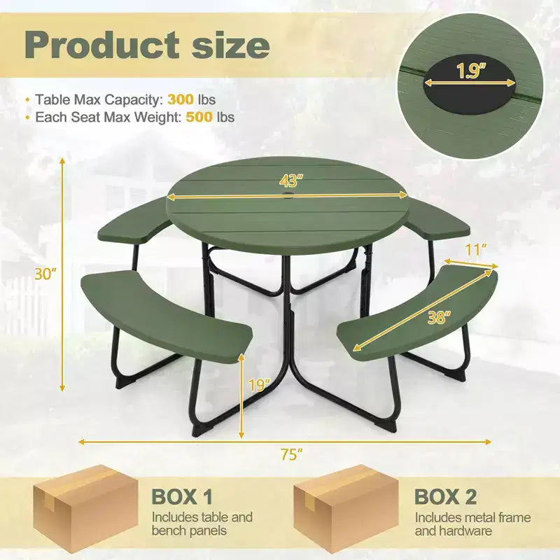 Costway Set Tavolo da Picnic Rotondo da Esterno a 8 Posti con 4 Panche e Foro per Ombrellone Nero/Grigio/Verde/Bianco