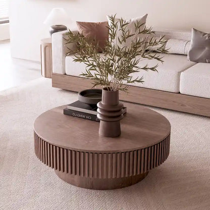 Tavolino rotondo moderno in legno massello impiallacciato con contenitore