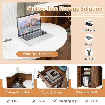 Costway Bancone per Reception, Scrivania da Ufficio con Ripiano Aperto e Cassetto con Serratura, Bianco/Marrone/Nero