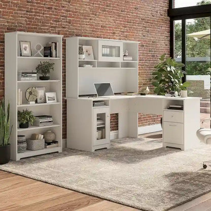 Bureau d'ordinateur en L de 60 pouces avec huche, bibliothèque à 5 étagères et tiroir classeur, capacité de 200 lb sur le bureau