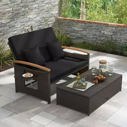 Set divano letto in rattan per esterni Costway con divanetto imbottito e poggiapiedi contenitore per veranda Beige/Blu marino/Rosso/Turchese/Nero/Grigio