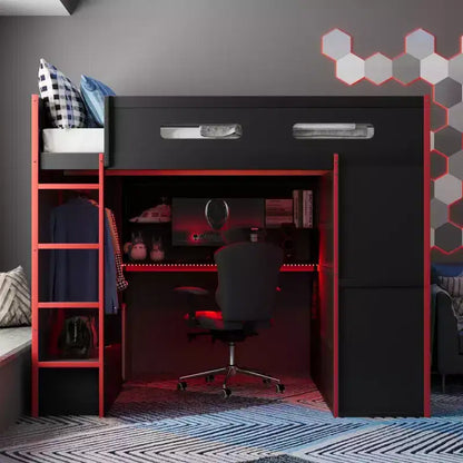 Merax Letto a soppalco a una piazza e mezza con scrivania, armadio, luci LED RGB e porta di ricarica USB Elegante struttura nera con spazio multi-contenitore per gli amanti dei giochi