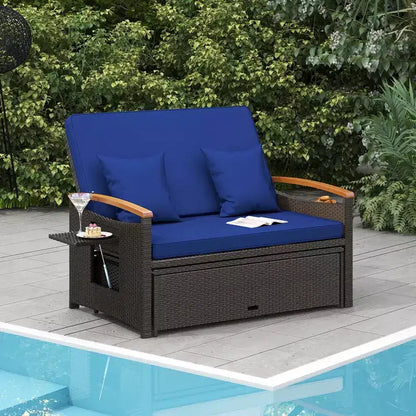 Set divano letto in rattan per esterni Costway con divanetto imbottito e poggiapiedi contenitore per veranda Beige/Blu marino/Rosso/Turchese/Nero/Grigio