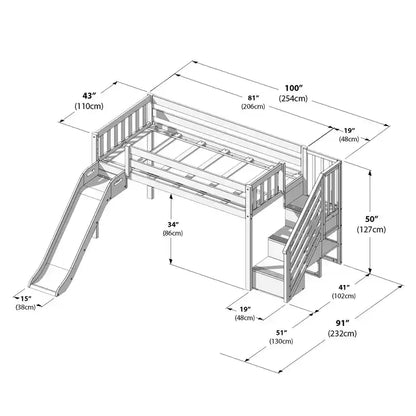 Lit mezzanine bas pour enfant, format jumeau, avec toboggan et escalier, plateforme de lit enfant en bois massif