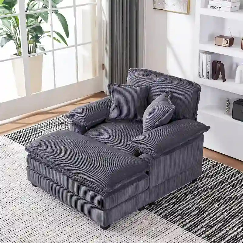 56.9 W Poltrona Oversize con Pouf, Poltrona da Lettura per Camera da Letto, Divano Letto Pigro, Poltrona Reclinabile Singola Moderna Oversize