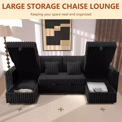 MooxvMoo Divano letto a U 124" con contenitore, divano convertibile di grandi dimensioni con letto estraibile, schienale regolabile, porte USB e portabicchieri, nero