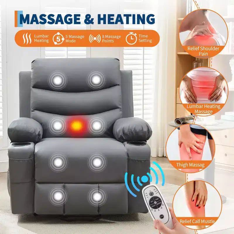 Fauteuil inclinable électrique releveur, fauteuils inclinables électriques pour personnes âgées avec fonction chauffante et massante, aide à la levée, porte-gobelets, poche latérale, pour salon