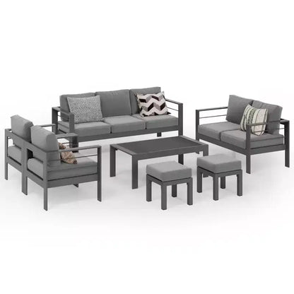 Set di mobili da patio da esterno in alluminio Heynemo con poggiapiedi, divano componibile in metallo da esterno con cuscino da 5 pollici e tavolino da caffè per balcone, giardino