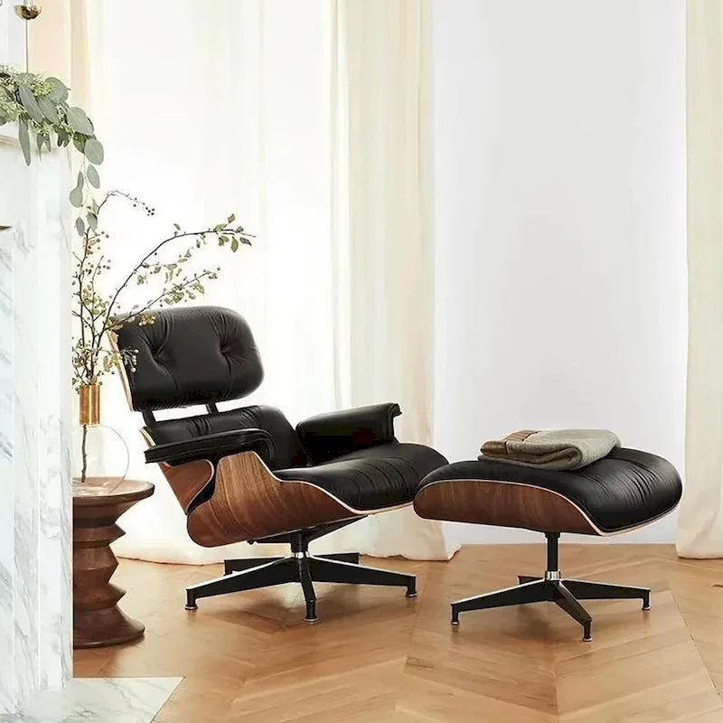 Chaise longue et pouf d'appoint en cuir pleine fleur de style Mid-century