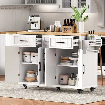 Isola per Cucina da 56,5 Pollici con Piano Ribaltabile e Stazione di Ricarica, Carrello da Cucina su Ruote con Cassetti e Ripiani Regolabili